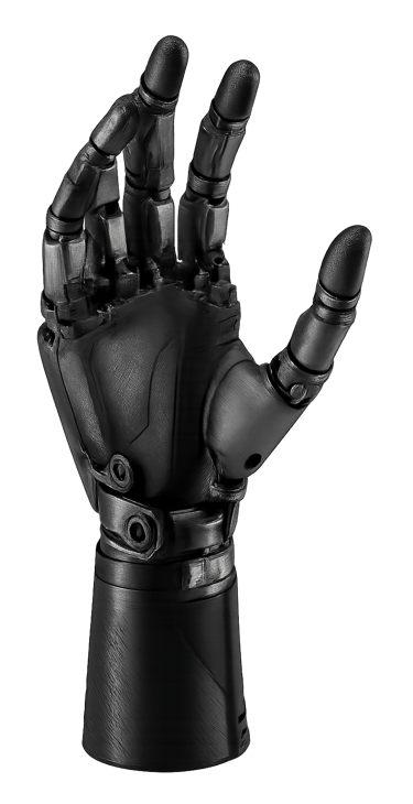 Photograph of a high-tech robotic prosthetic hand cutout.