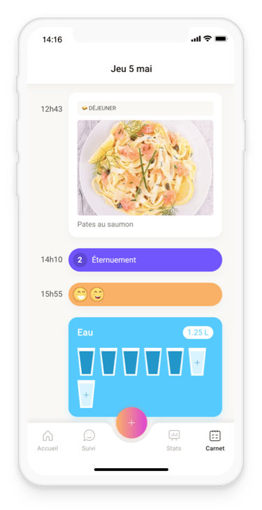 Visuel montrant l'application Alivio : onglet journal alimentaire.