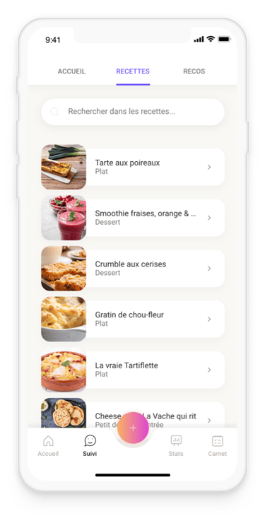 Visuel montrant l'application Alivio : onglet recettes.