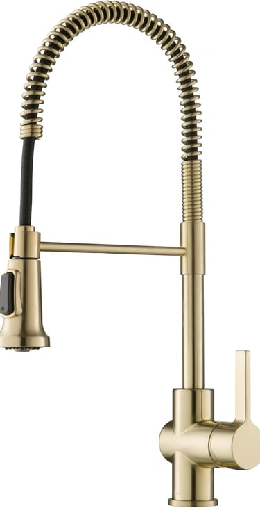 Brushed gold pull-down kitchen faucet with a high-arc spring spout and single-handle design.