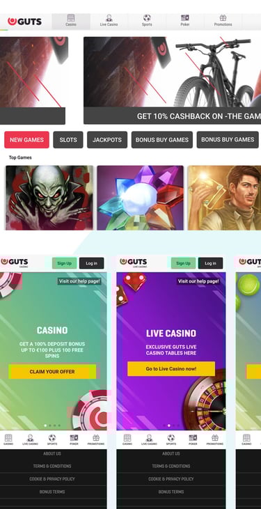 *Guts website before rebrand (2021) — dense desktop grid and old mobile promo screens