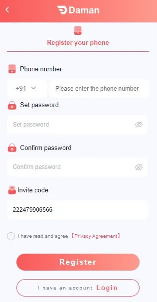 Daman app registration screen featuring fields for phone number, password, and invite code.