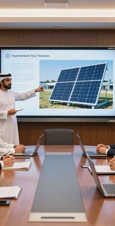 Group meeting in a professional boardroom. Engineers are presenting a solar project on a large screen. Middle Eastern / Yemeni setting.