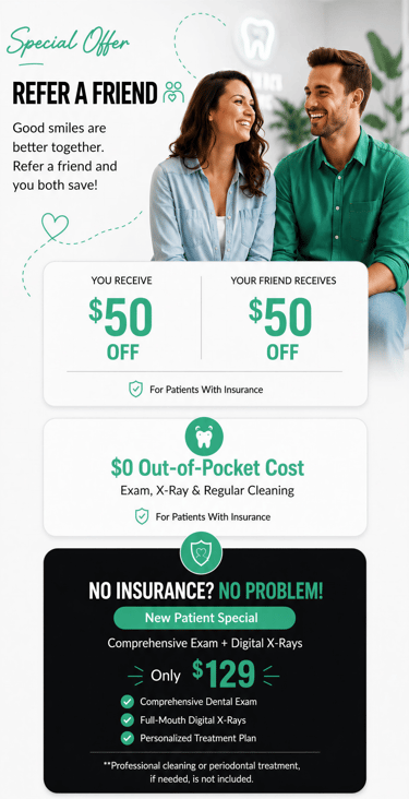 Smiling couple at a dental office with special offers for new patient exams and referral discounts.