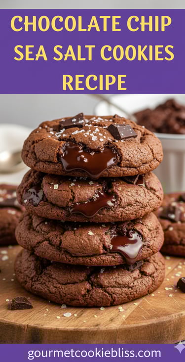 A stack of four fudgy double chocolate chunk cookies with melted chocolate oozing out.