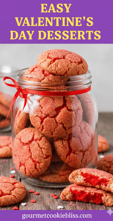 A clear jar filled with red sugar cookies, tied with a red ribbon, with some scattered around