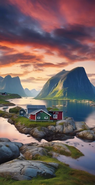 a house with a red house in the middle of a mountain