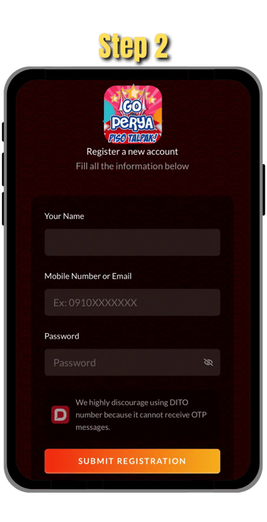 go perya registration page on mobile screen