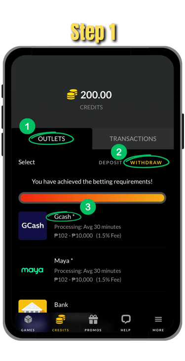 step 1 of withdrawing funds in go perya on mobile screen