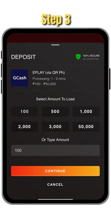 step 3 of depositing funds in go perya on mobile screen