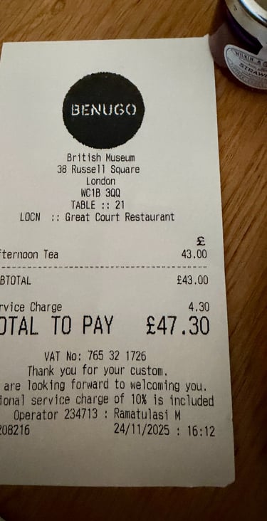 Afternoon Tea at the Great Court restaurant inside the British Museum, London, 2025