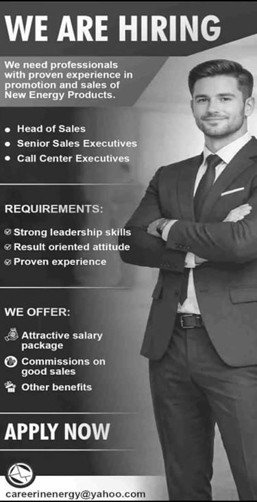 We Are Hiring flyer for energy sales jobs, listing requirements and benefits for sales executives.