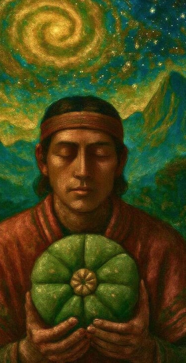 indigenous shaman holding a San Pedro cactus under a celestial night sky.