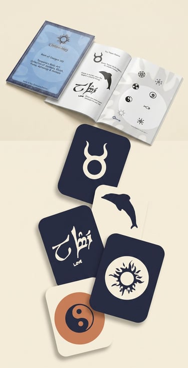 A collection of temporary tattoo design cards and an open art book featuring symbols like Taurus and Yin Yang.