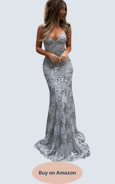 POMUYOO Spaghetti Straps Sequin Mermaid Prom Dresses Long V-Neck Backless Evening Silver Gown