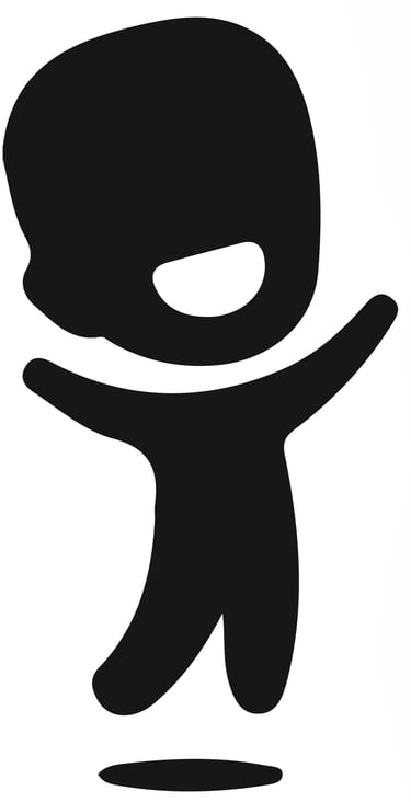 Black silhouette of a happy child jumping for joy with arms raised and a big smile.
