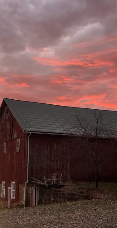 red lavender storage barn in Pennsylvania at sunrise on our lavender farm, #LavenderFarm