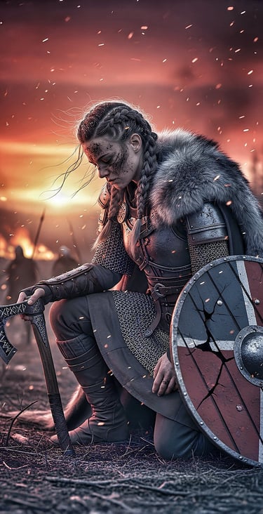 Shield maiden prays to gods after battle