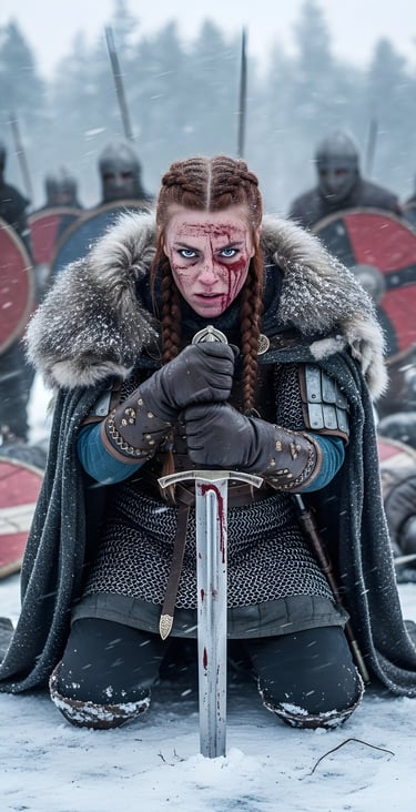 Shield maiden on knees surrounded by enemies