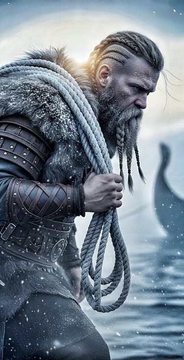 Viking warrior straining as he pulls rope