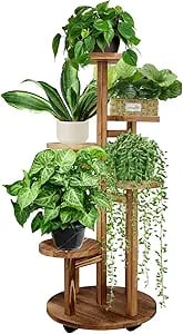 5-tier rustic wood indoor plant stand, great for displaying greenery in rustic living rooms.