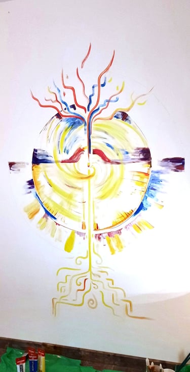 work in progress de Peinture murale du portail du dragon, avec u format circulaire traversé par un arbre de vie et avec un dr