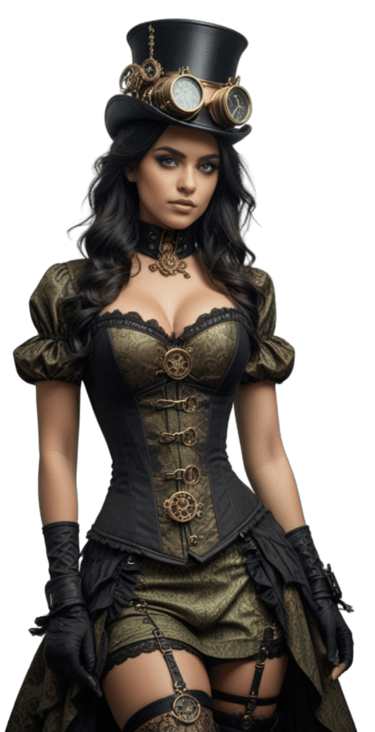 a woman in a steampunky outfit