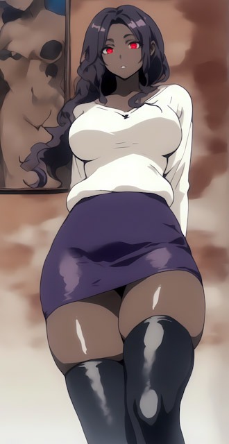 Anime-style African girl with red eyes, black hair, white sweater, dark skirt, and thigh-highs.