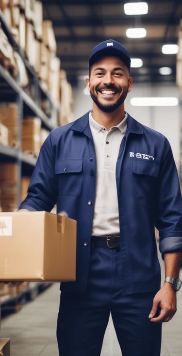 A delivery courier handing a package to a smiling customer at their doorstep in front of a cozy home.