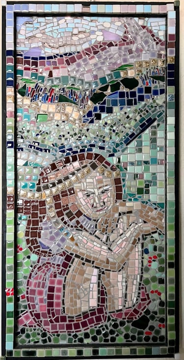 Abstract mosaic featuring a rhytmic assembly of cool-toned fragments in a meditative pattern.