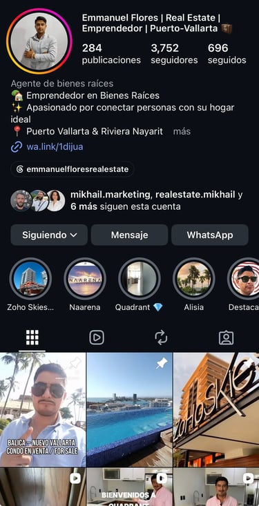 Perfil de Instagram de Emmanuel Flores, agente de bienes raíces en Puerto Vallarta y Riviera Nayarit