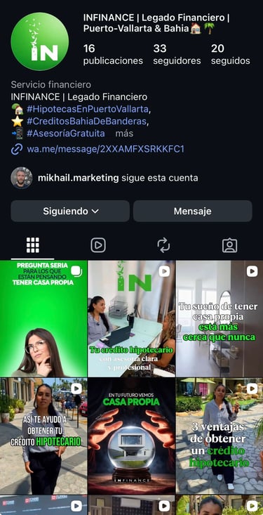 Perfil de Instagram de INFINANCE Puerto Vallarta con publicaciones sobre servicios hipotecarios y as