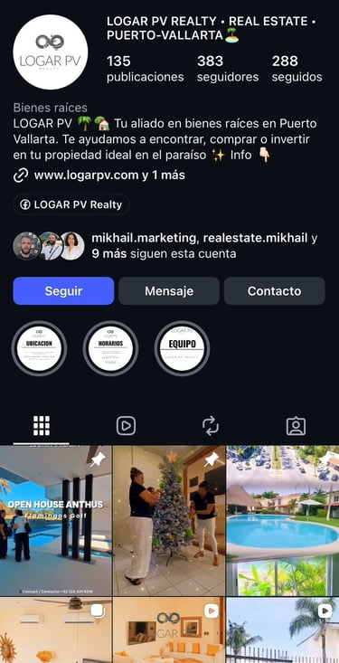 Perfil de Instagram de Logar PV Realty que muestra listados de propiedades inmobiliarias en Puerto V