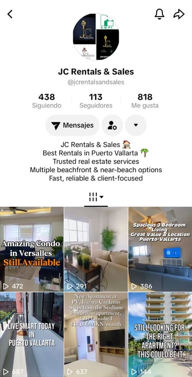 Perfil de Instagram de JC Rentals and Sales, que presenta propiedades inmobiliarias de lujo y alquil