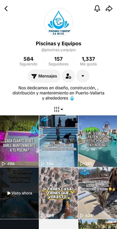 Perfil de TikTok de Piscinas y Equipos que muestra el diseño y la construcción de piscinas en Puerto
