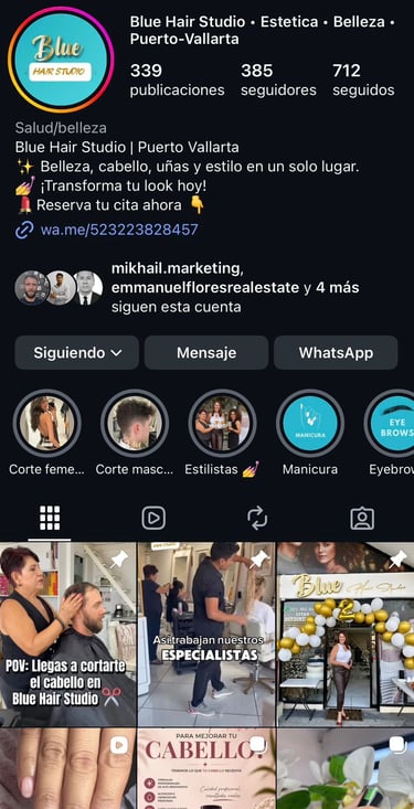 Perfil de Instagram de Blue Hair Studio, un salón de belleza en Puerto Vallarta que ofrece servicios