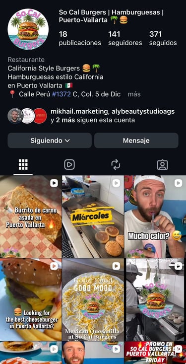 Captura de pantalla del perfil de Instagram de So Cal Burgers, que muestra una cuadrícula de hamburg