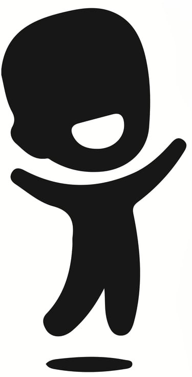 Black silhouette of a happy child jumping for joy with arms raised and a big smile.