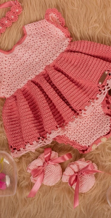 Handmade pink crochet baby girl dress set with matching shoes, headband, and mittens on a fur background.