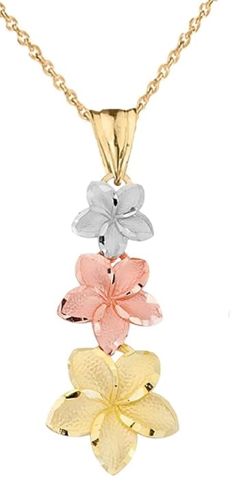 Tropical Flower Jewelry: Hawaiian Plumeria Flowers Charm Pendant in Gold