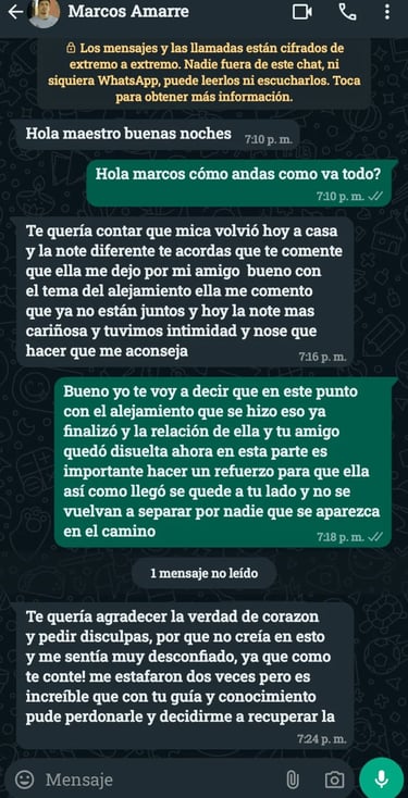 Conversacion real por WhatsApp sobre trabajo espirutal para recuperar a la pareja 