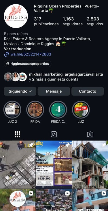 Perfil de Instagram de Riggins Ocean Properties, una agencia inmobiliaria en Puerto Vallarta, México
