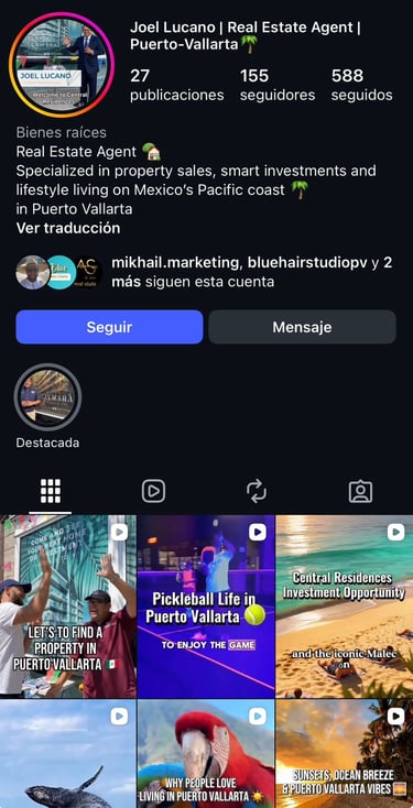 Perfil de Instagram de Joel Lucano, un agente inmobiliario de Puerto Vallarta que muestra propiedade