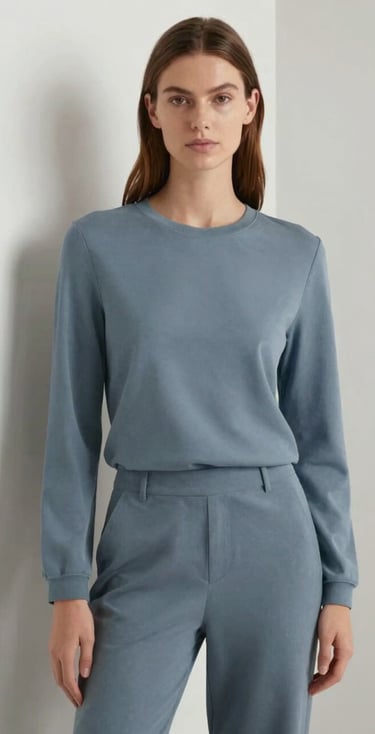 A stylish fashion model posing against a minimalist Scandinavian backdrop, clean lines, wearing contemporary outfit, natural textures, soft shadows, incorporating shades of #74A8AE.