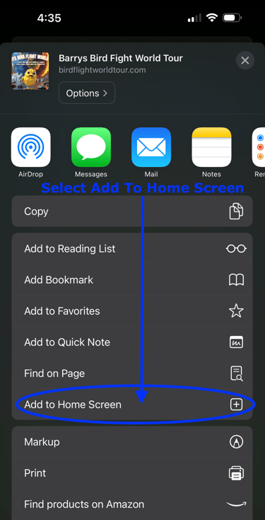 iPhone share sheet menu showing the Add to Home Screen option circled in blue with a directional arrow.