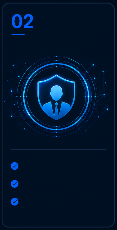 Blue digital cybersecurity icon featuring a shield and person silhouette for identity protection.