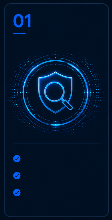 A glowing blue digital interface featuring a shield and magnifying glass icon for cyber security data analysis.