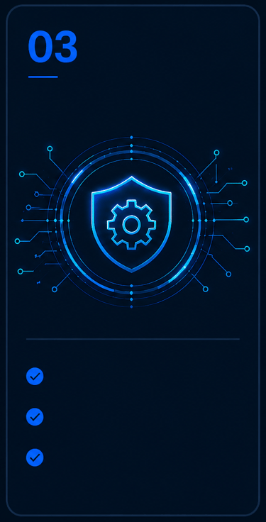 Digital blue shield with a gear icon and circuit lines representing network security and data protection.