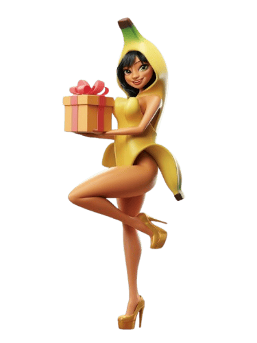 a woman in a banana peely costume holding a present
