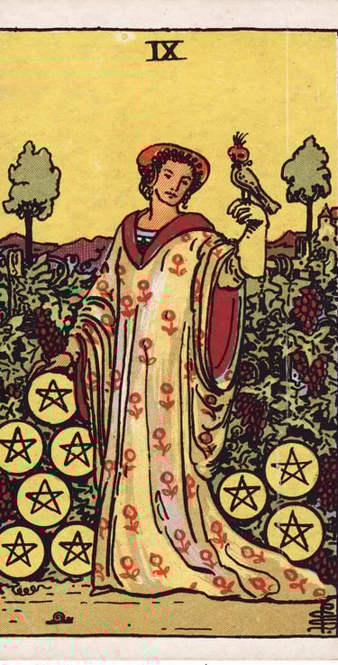 Nine of Pentacles meaning upright and reversed tarot card reading